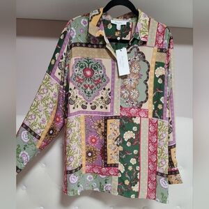NWT Sz 1x Jeweltone Bohi Patchwork Blouse